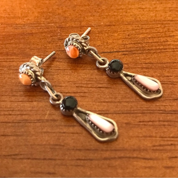 Sterling Silver Coral Onyx and Mother of Pearl Dangly Earrings - Picture 3 of 6